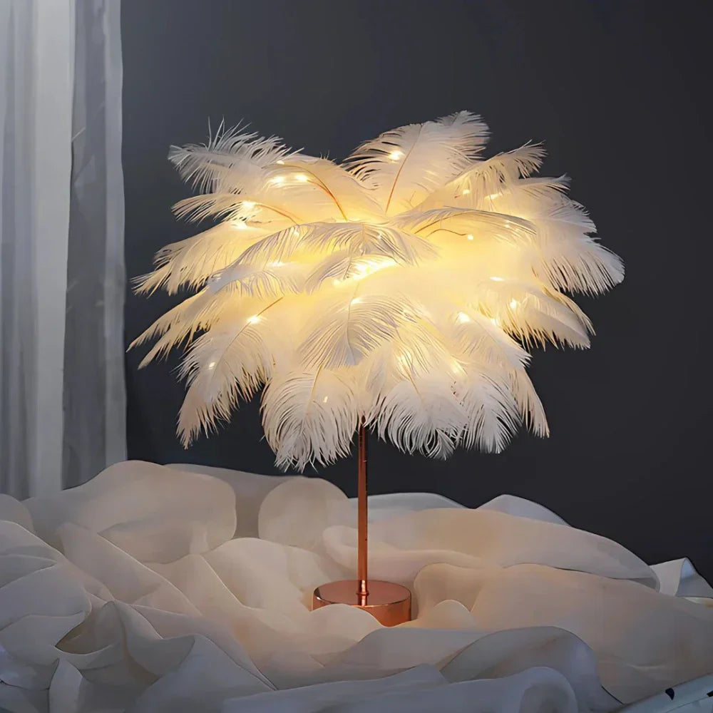 Feather palm tree lamp casting warm ambient light, ideal for a cozy bedroom.