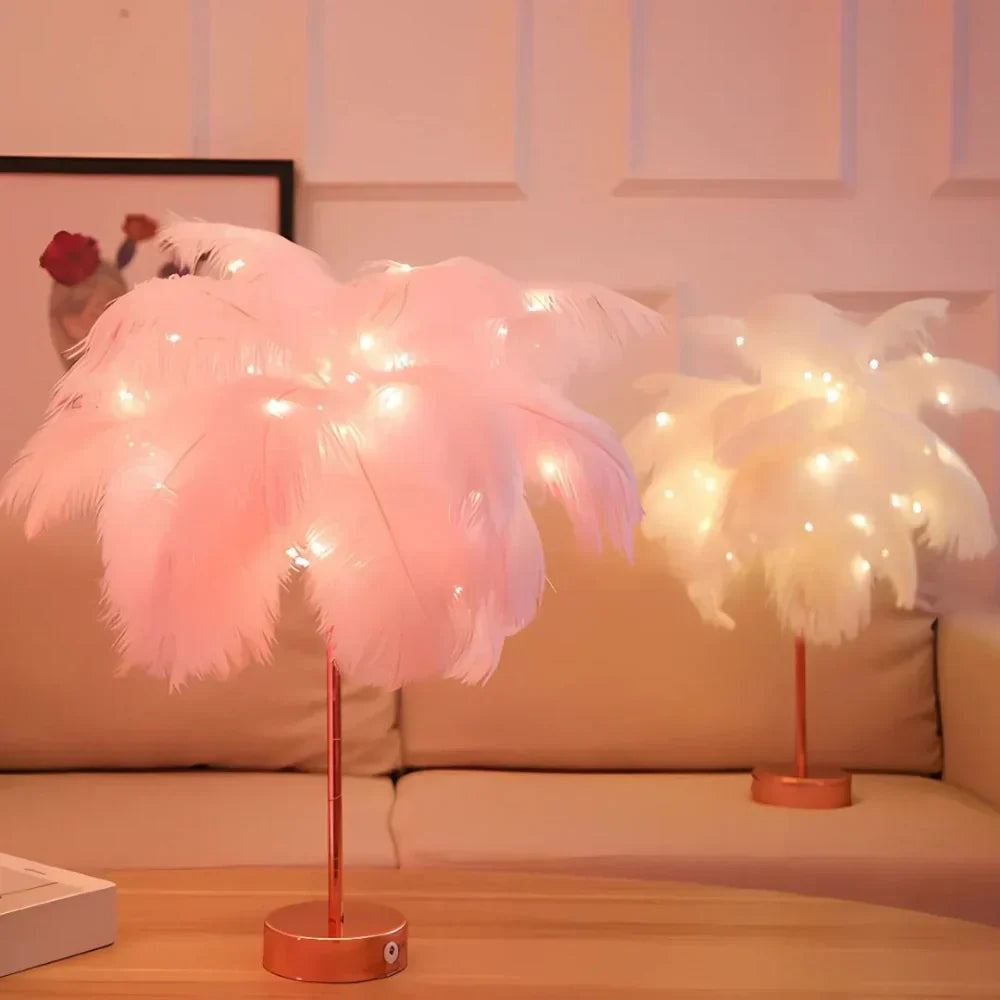 The LumaPalm feather palm tree lamp standing tall, a unique piece of home decor.