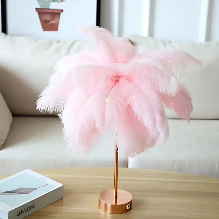 Decorative feather palm tree lamp with adjustable light via remote, versatile mood lighting.