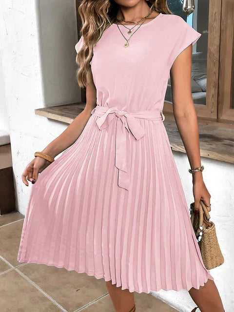 Felina casual elegant women's summer mini dress with short sleeves & pleated design, great for any occasion.
