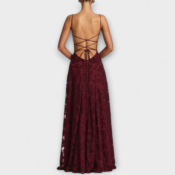 Summer floral lace maxi dress for women, elegant A-line cut, ideal party or wedding guest dress.