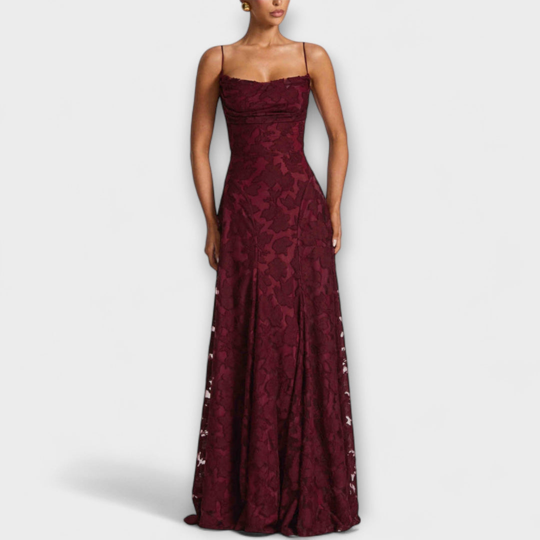 Women's elegant maxi party dress featuring delicate floral lace, perfect for wedding guests & summer events.