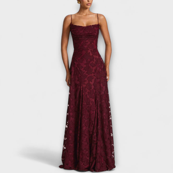 Women's elegant maxi party dress featuring delicate floral lace, perfect for wedding guests & summer events.
