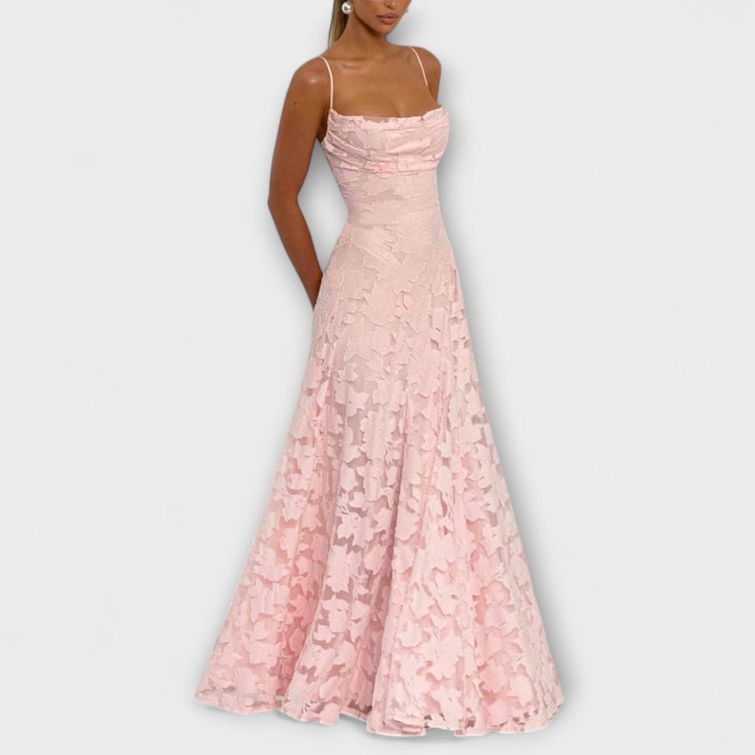 Flowing A-line floral lace maxi dress for women, elegant choice for special occasions & summer parties.
