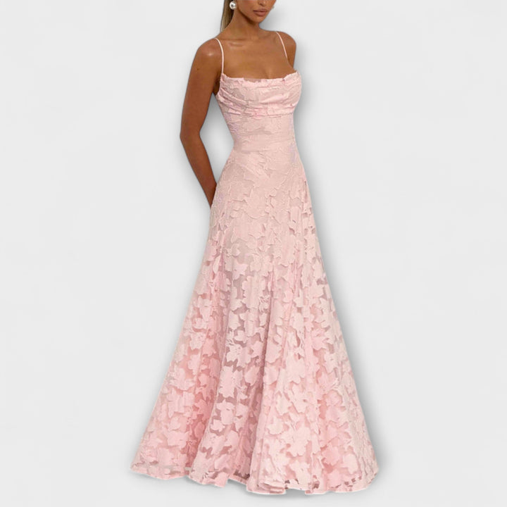 Flowing A-line floral lace maxi dress for women, elegant choice for special occasions & summer parties.
