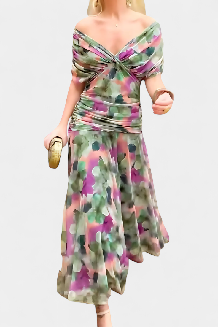 Fashionable women's statement maxi dress, elegant floral print with a flowing V-neck.