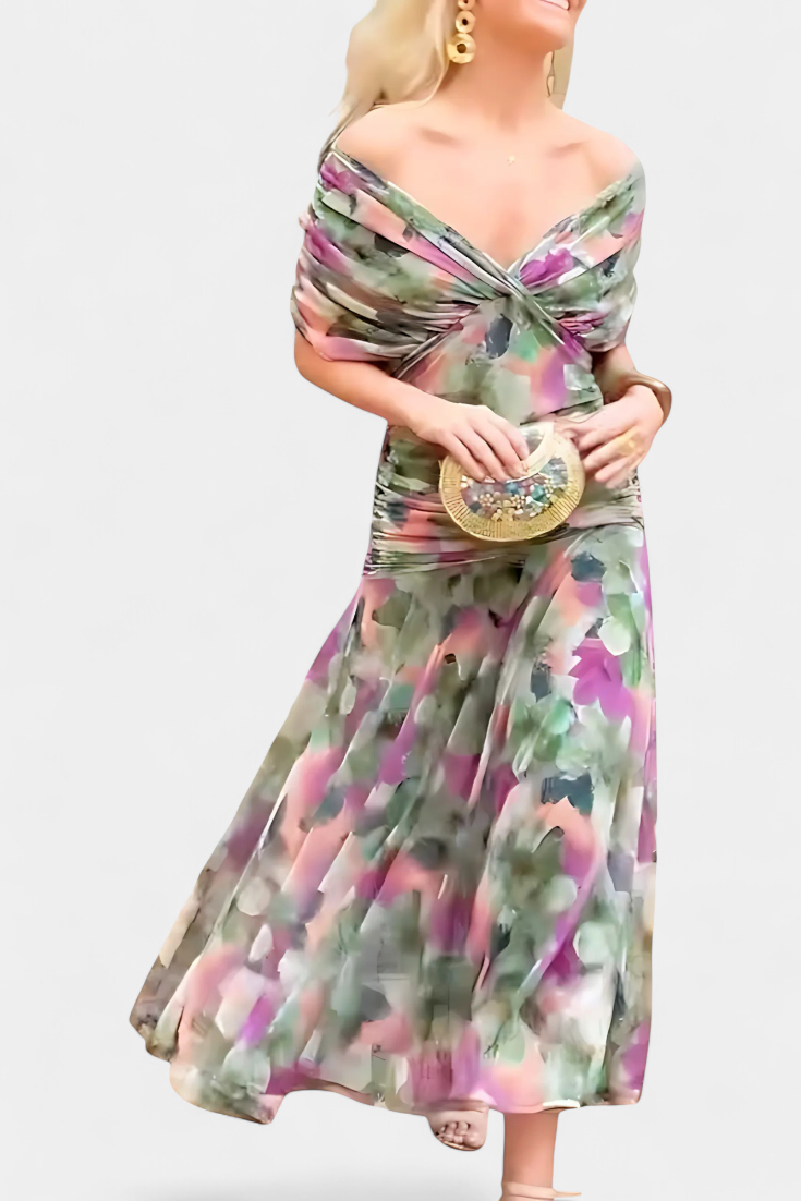 Long, elegant floral maxi dress for women, with a classic V-neck and graceful flowy skirt.