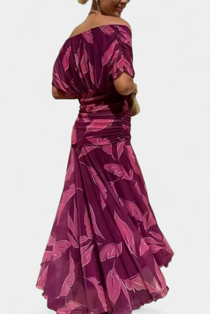 Pleated floral V-neck maxi dress for women, featuring a graceful flowy silhouette.