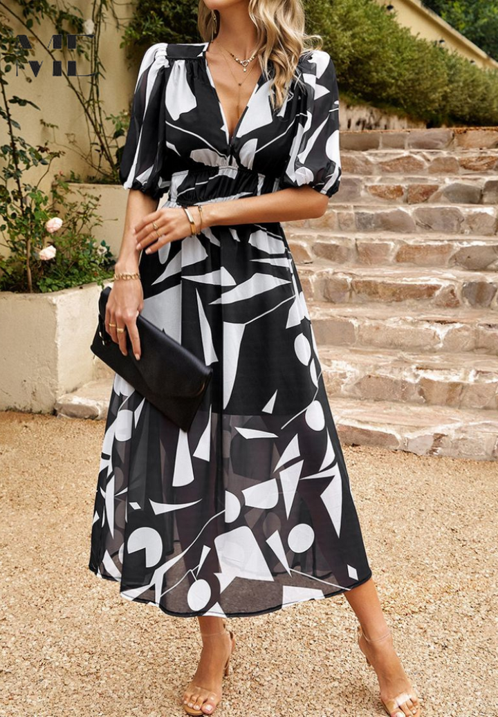Trendy puff sleeve floral midi dress for women, elegant V-neck & A-line silhouette.