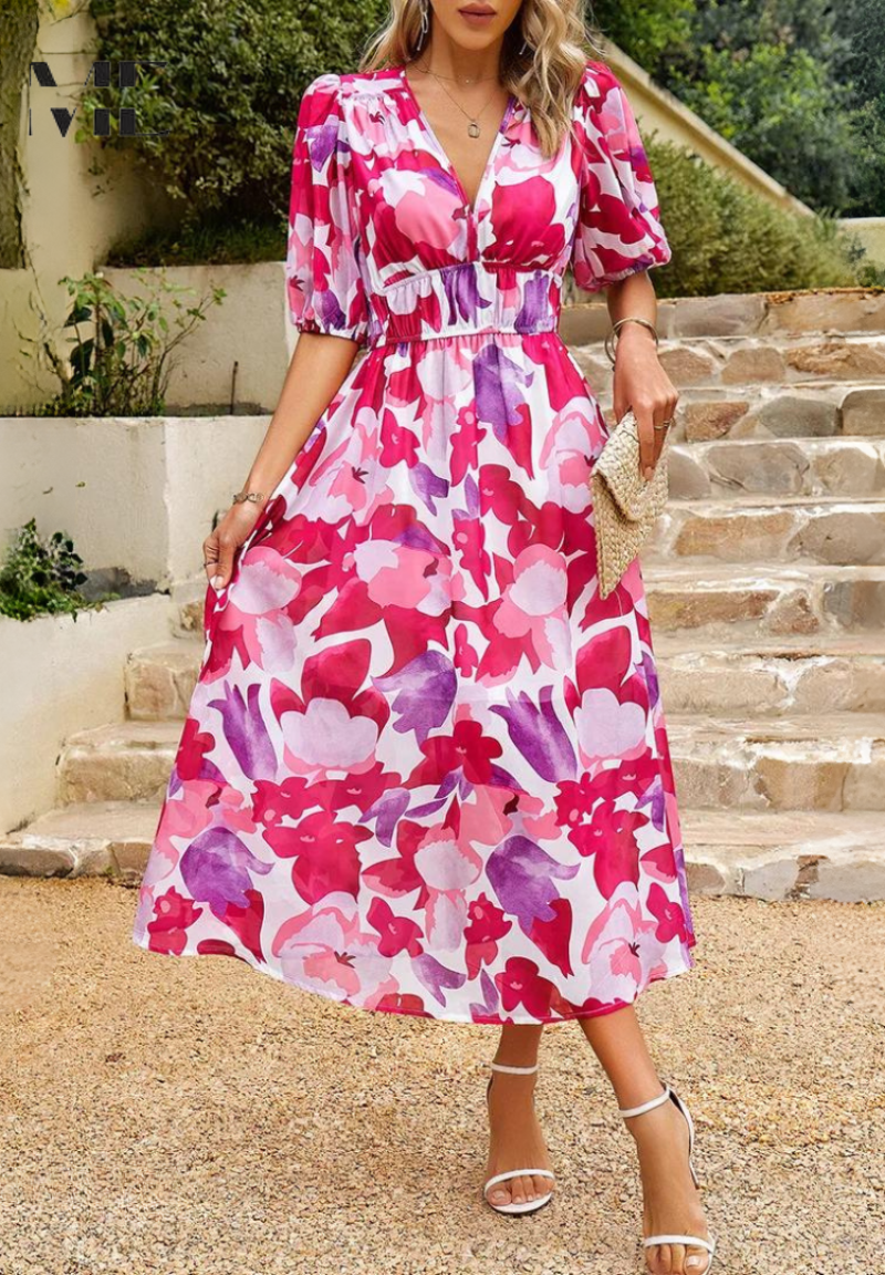 V-neck floral midi dress, elegant puff sleeves, comfortable elastic waist. Perfect for summer events.