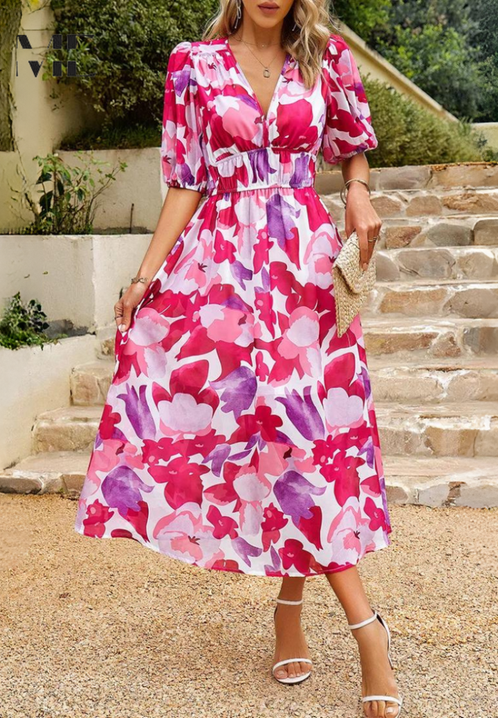 V-neck floral midi dress, elegant puff sleeves, comfortable elastic waist. Perfect for summer events.