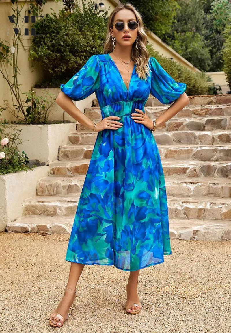Elegant women's floral midi dress, puff sleeves, V-neck. Ideal for summer casual & occasion wear.