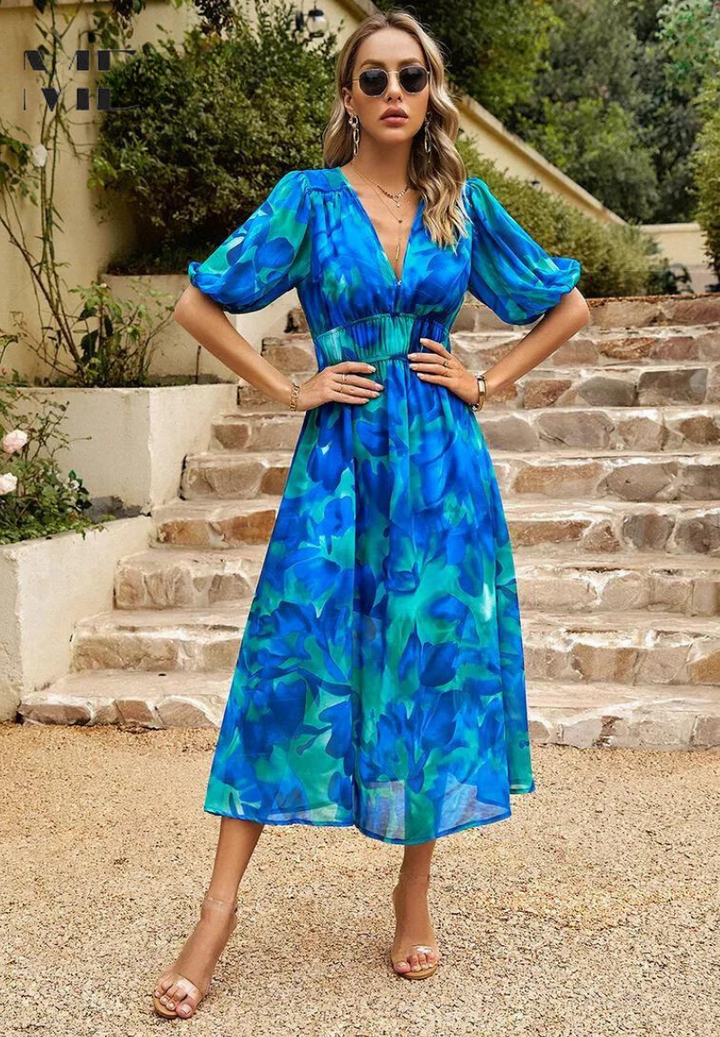 Elegant women's floral midi dress, puff sleeves, V-neck. Ideal for summer casual & occasion wear.