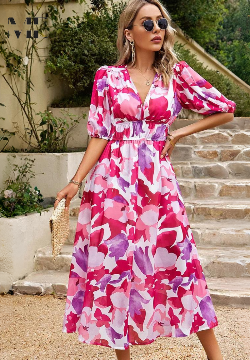 Fashionable floral midi dress, elegant puff sleeves, V-neck. Blends casual comfort with stylish A-line.