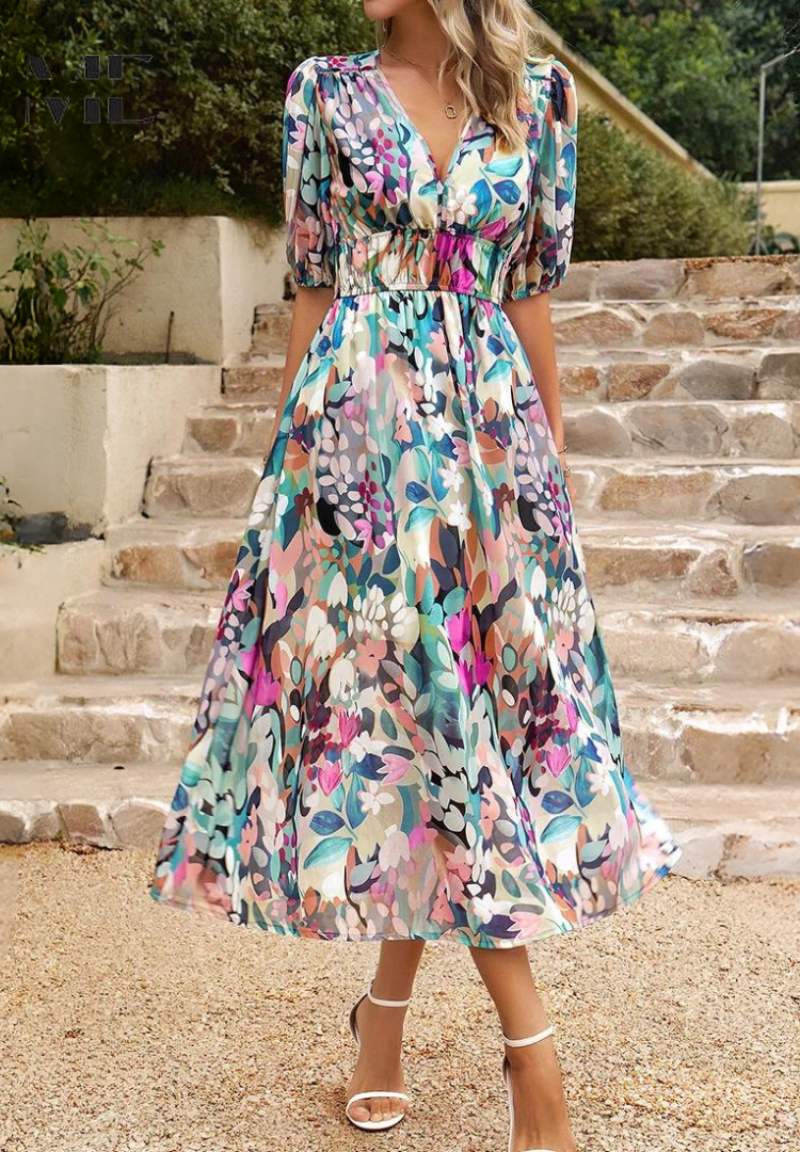 Comfortable elastic waist floral midi dress with puff sleeves & V-neck. Casual summer & vacation wear.