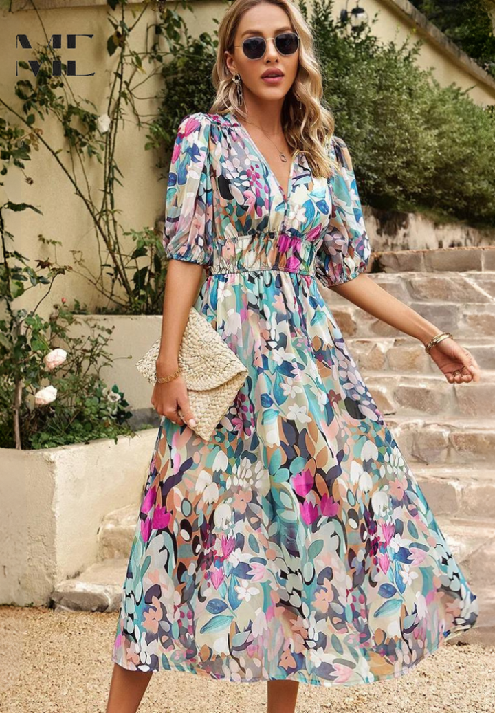 Vacation-ready elegant floral midi dress, puff sleeves, V-neck, A-line. Perfect summer outfit.