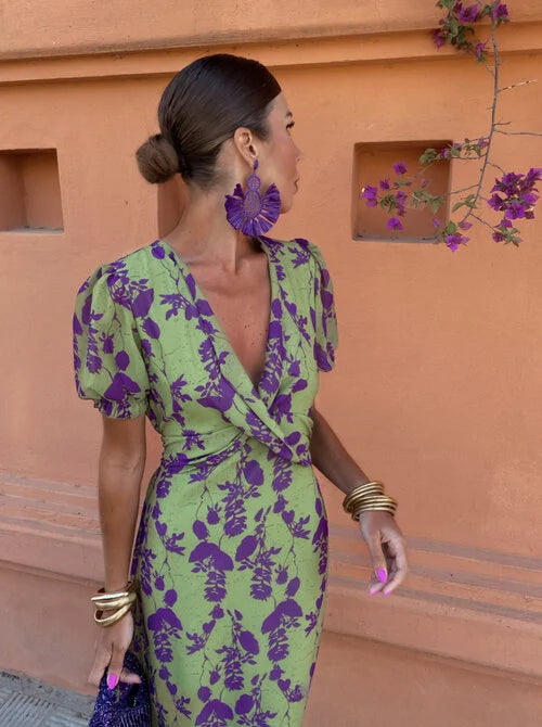 Gorgeous women's floral midi dress with puff sleeves & V-neck. An elegant, vibrant summer dress for special events.