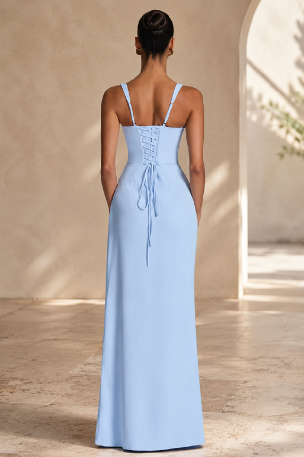 Formal navy blue maxi dress for women, elegant and flowing, suitable for evening parties & special events.