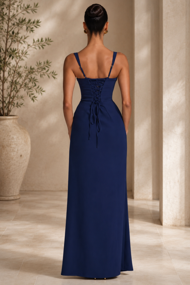 Stylish women's long blue maxi dress, an elegant flowing evening gown, perfect for special occasion events.