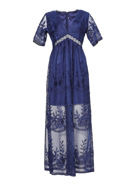Woman wearing comfortable flowy maxi dress, enjoying summer vacation, beach or party event.