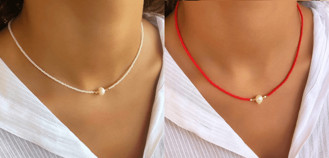 Model wearing an elegant freshwater pearl necklace, highlighting its versatile and chic style.