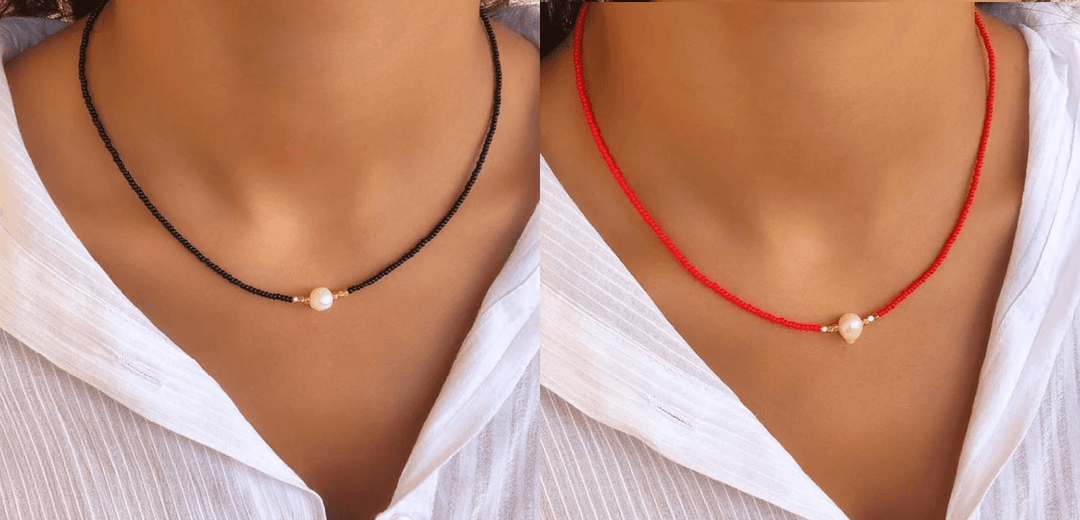 Close-up of elegant freshwater pearl necklace, showcasing its lustrous freshwater pearls.