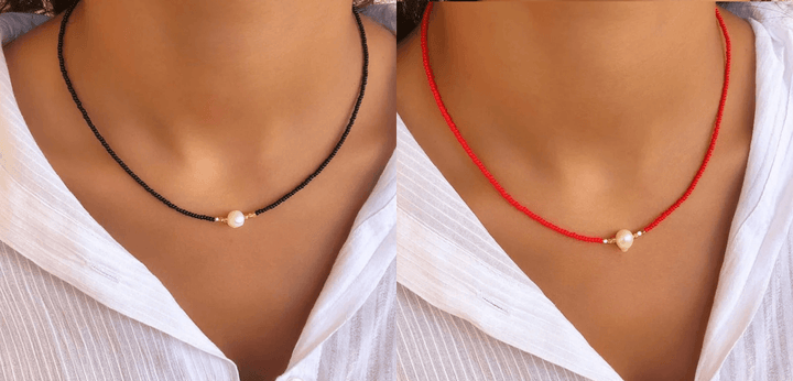 Close-up of elegant freshwater pearl necklace, showcasing its lustrous freshwater pearls.