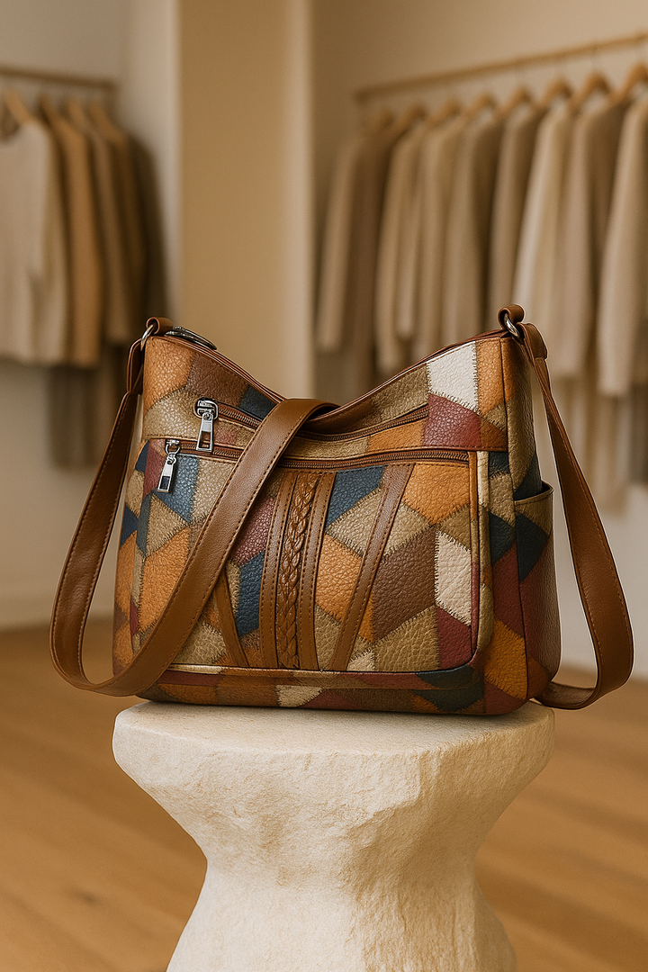 Elegant geometric vegan leather women's handbag, stylish and perfect for everyday fashion.