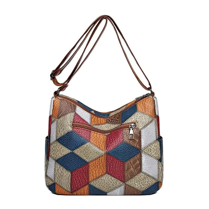 Chic women's geometric pattern vegan leather handbag, suitable as a shoulder or crossbody bag.