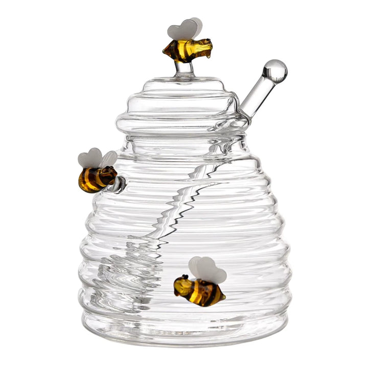 Decorative glass honey jar, elegant beehive design, includes a wood honey dipper. Great for gifts.