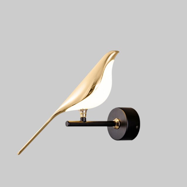 Accent gold bird wall lamp with LED light, perfect for modern living room, bedroom, or entryway decor.