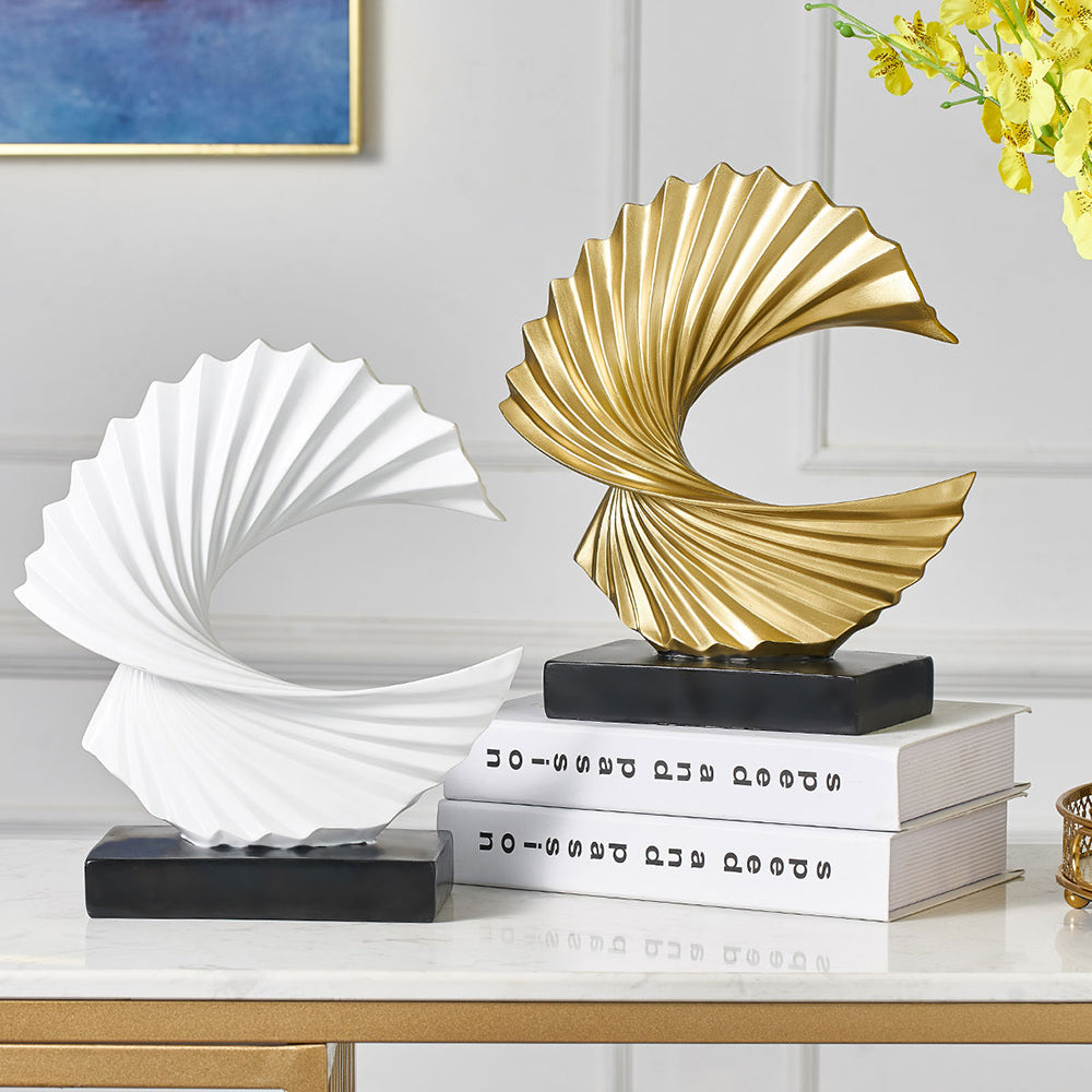 Elegant gold crescent moon sculpture, modern celestial home decor statue for tabletop display.