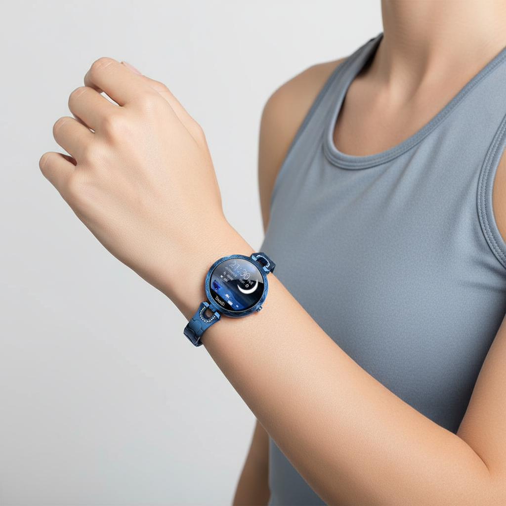 Elegant gold HydroGlow women's smartwatch with health tracking and cycle tracking features