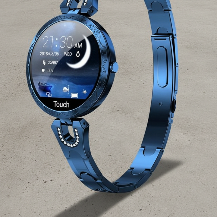 Blue HydroGlow women's smartwatch displaying vibrant watch face, perfect for fitness and style