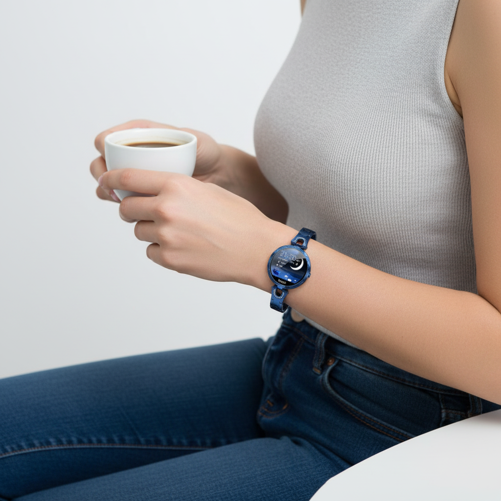 HydroGlow women's smartwatch. Rose gold wearable tech with health monitoring and cycle tracking