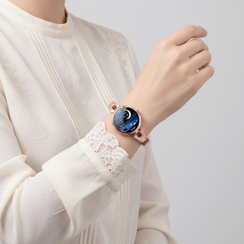 Two HydroGlow women's smartwatches side-by-side: gold and silver, highlighting design and health features