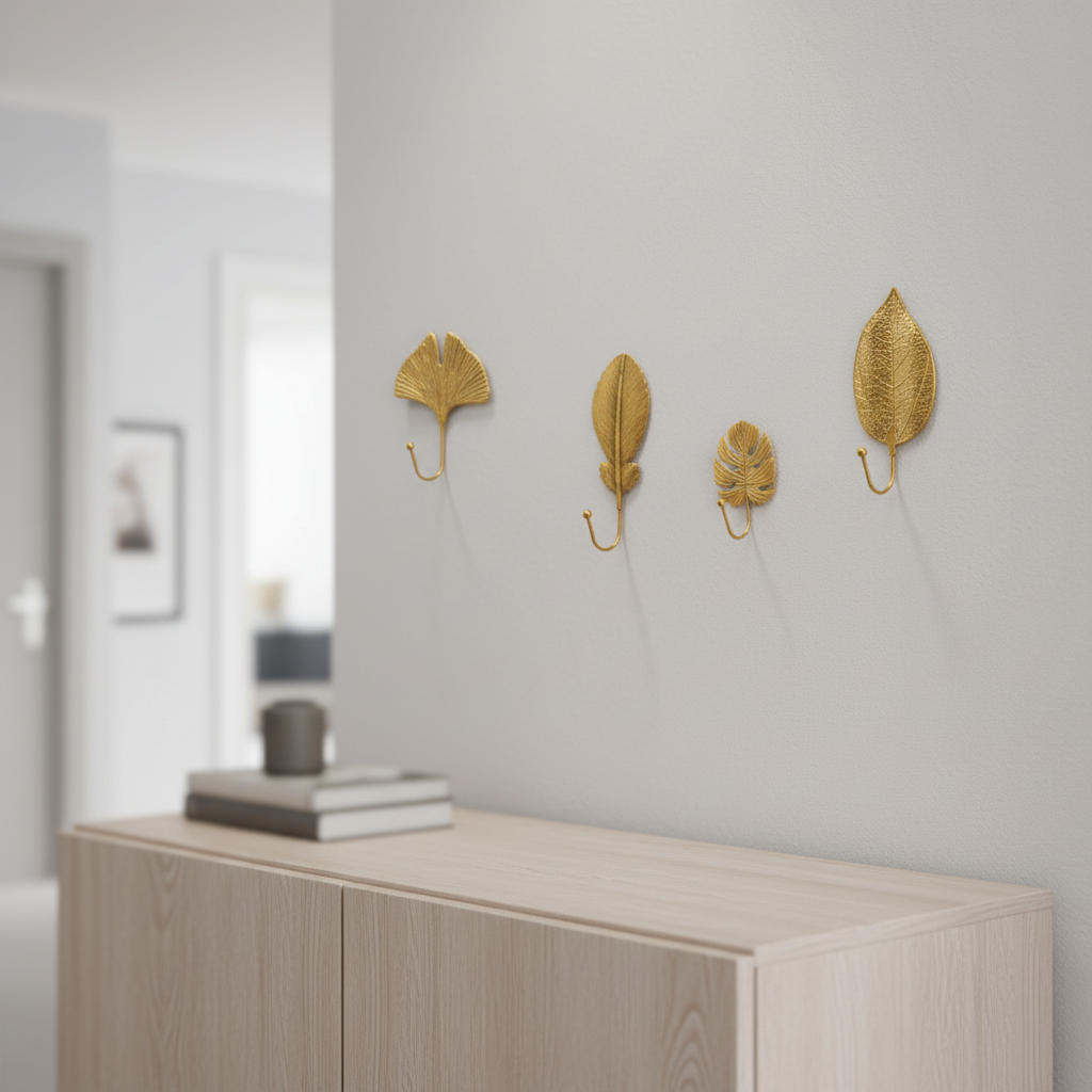 Elegant gold leaf cast iron wall hook, Leafora design, for stylish home organization in an entryway or bathroom.