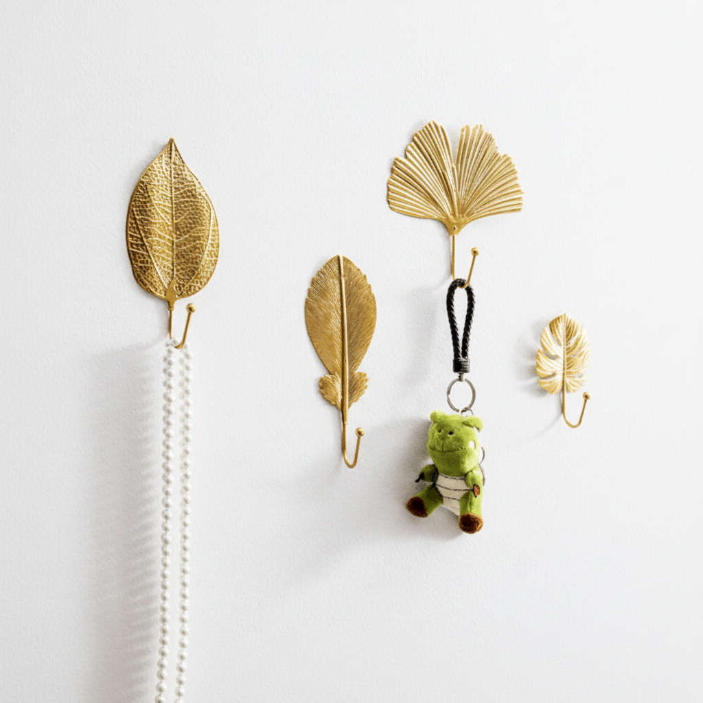Decorative gold-colored cast iron wall hook featuring a detailed leaf design, perfect for coats, towels, or decor.