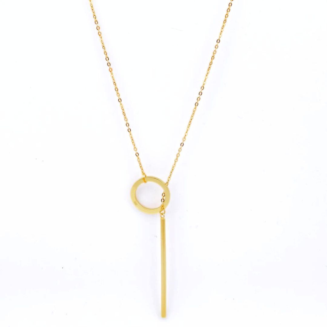 Elegant gold plated drop bar lariat necklace for women. Dainty and versatile fashion jewelry.