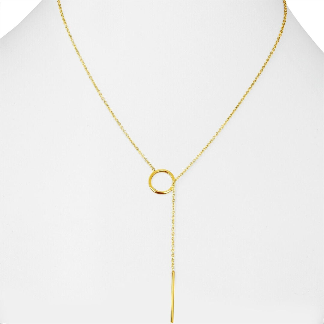 Sleek gold plated drop bar lariat necklace. Dainty and elegant women's accessory for any outfit.