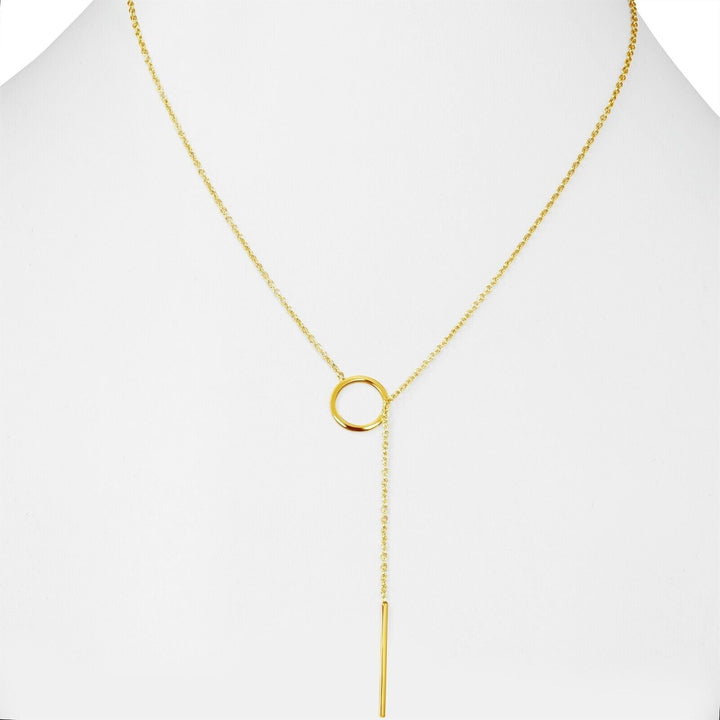 Sleek gold plated drop bar lariat necklace. Dainty and elegant women's accessory for any outfit.