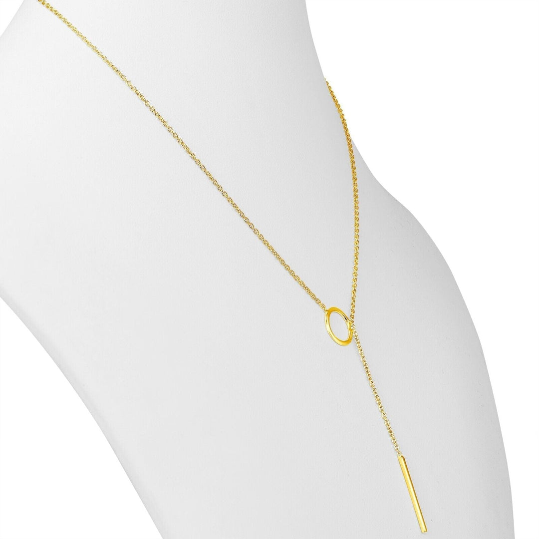 Rose gold plated drop bar lariat necklace. Dainty, elegant women's jewelry, versatile style.