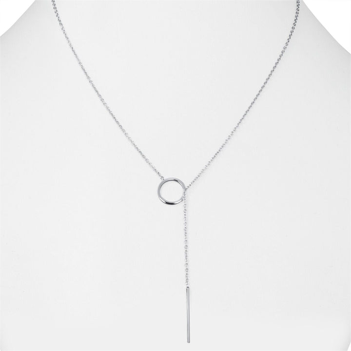 Fashionable gold lariat necklace with a modern drop bar. Perfect for layering, elegant jewelry.