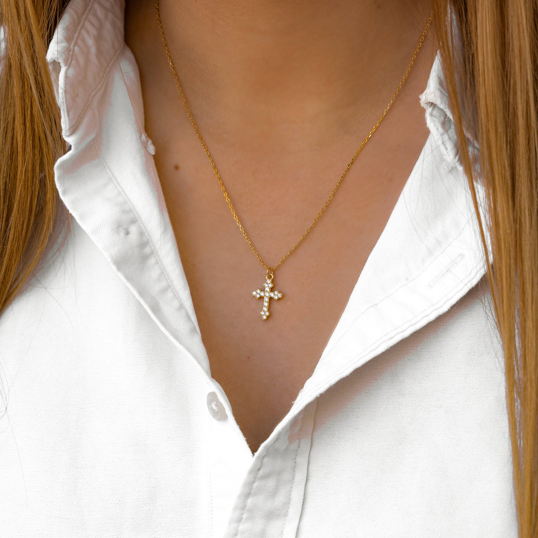 Stylish women's cross necklace, gold plated sterling silver, a religious and elegant gift for her.