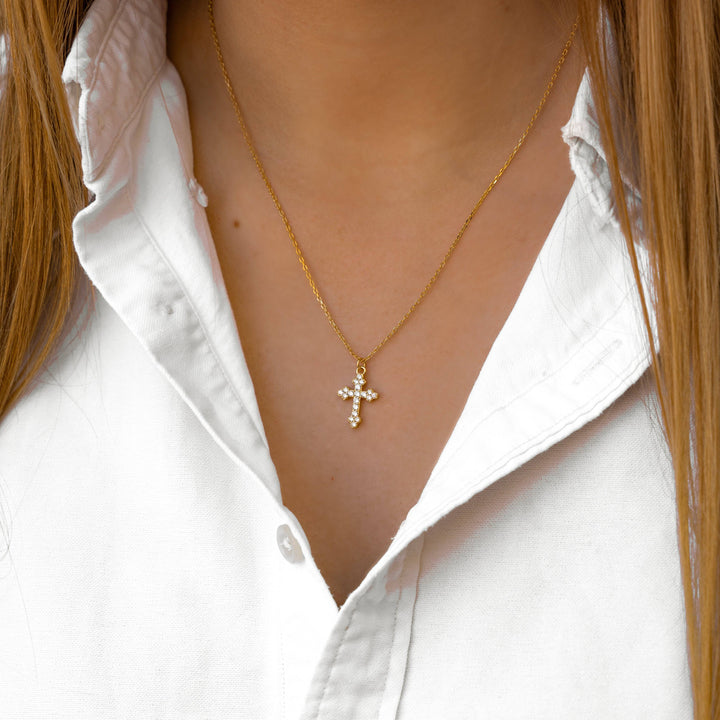 Stylish women's cross necklace, gold plated sterling silver, a religious and elegant gift for her.