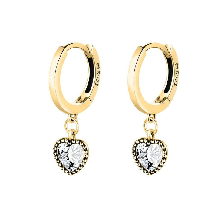 Dainty crystal heart drop earrings for women, gold plated sterling silver, elegant and delicate.