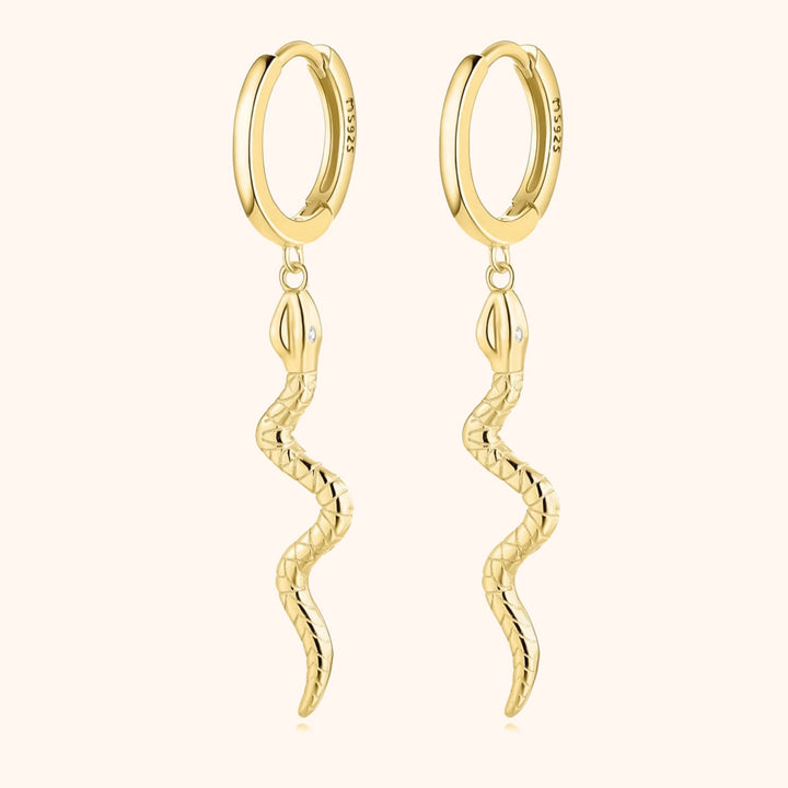 Elegant gold plated sterling silver snake drop earrings for women, a unique & stylish fashion statement piece.