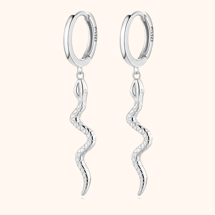 Fashionable sterling silver snake drop earrings, gold plated & elegant, a bold unique statement for women's style.