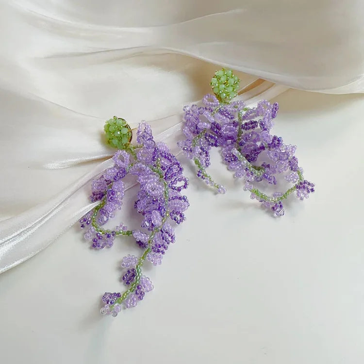 Delicate wisteria cluster tassel earrings for women, gold-plated with a charming forest theme, perfect for nature lovers.