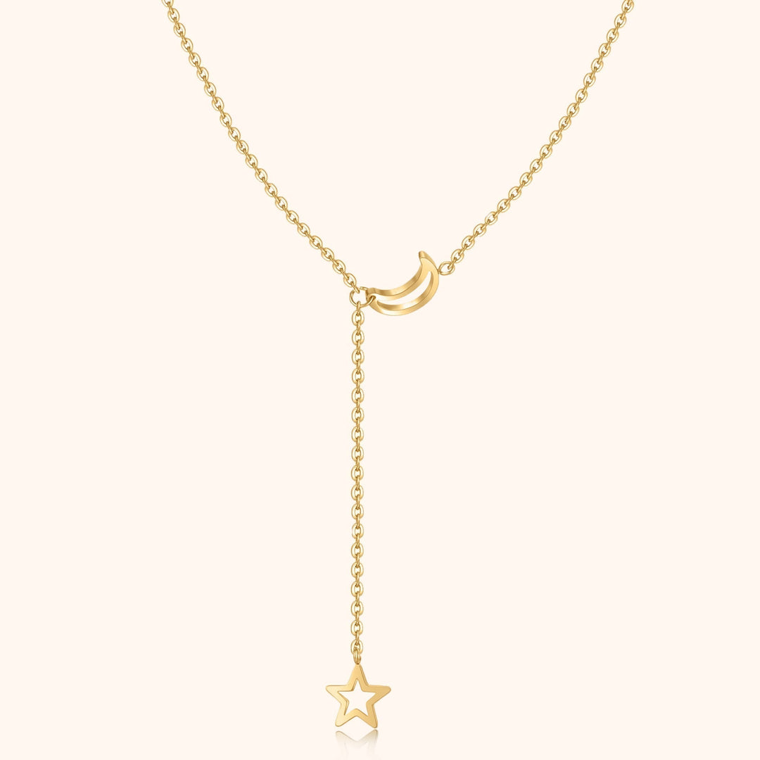 Sparkling women's gold plated star & moon celestial necklace, an elegant accessory, perfect gift for her.